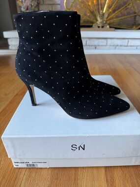 Something Navy Black Studded Suede Pointed Toe Ankle Booties